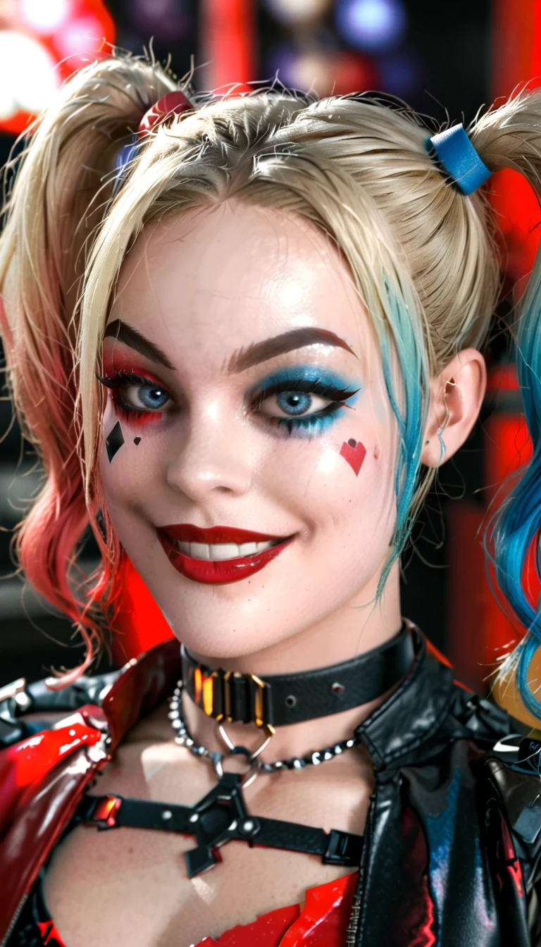 Harley Quinn smiling showing her teeth, with blonde hair, pink and light blue hair patch, blue colored eyes, strong makeup, red shadow and blue shadow, red lipgloss stick, leather jacket, Cyborg Body, metal body.