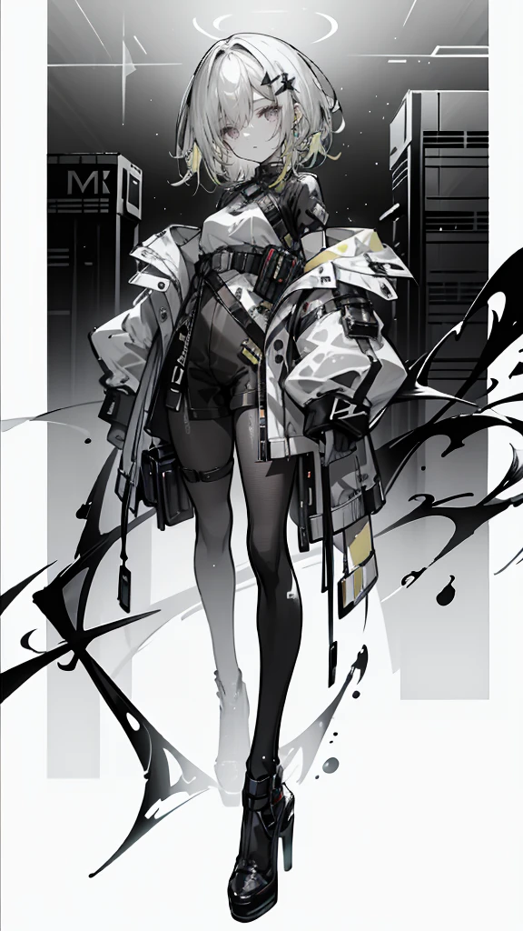1 girl, short yellow hair, cyberpunk, Alice in Wonderland, black high heels, hand in pocket, best quality, 4k, 8k, highres, masterpiece:1.2, ultra-detailed, realistic, photorealistic, photo-realistic:1.37, HDR, UHD, studio lighting, ultra-fine painting, sharp focus, physically-based rendering, extreme detail description, professional, vivid colors, bokeh, concept art