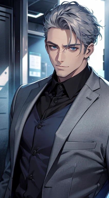(best quality,4k,8k,highres,masterpiece:1.2),ultra-detailed,(realistic,photorealistic,photo-realistic:1.37),1 man,31 years old,mature man,very handsome,without expression,smile,short grey blue hair,blue eyes,penetrating gaze,perfect face without errors,imposing posture,businessman,office background,cinematic lighting,hdr image