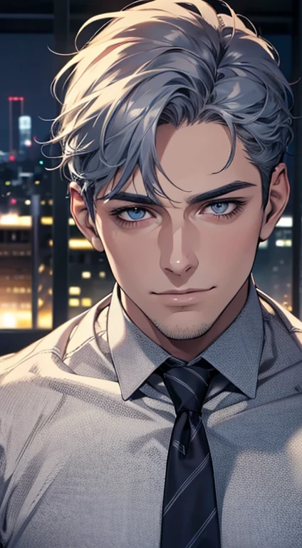 (best quality,4k,8k,highres,masterpiece:1.2),ultra-detailed,(realistic,photorealistic,photo-realistic:1.37),1 man,31 years old,mature man,very handsome,without expression,smile,short grey blue hair,blue eyes,penetrating gaze,perfect face without errors,imposing posture,businessman,office background,cinematic lighting,hdr image