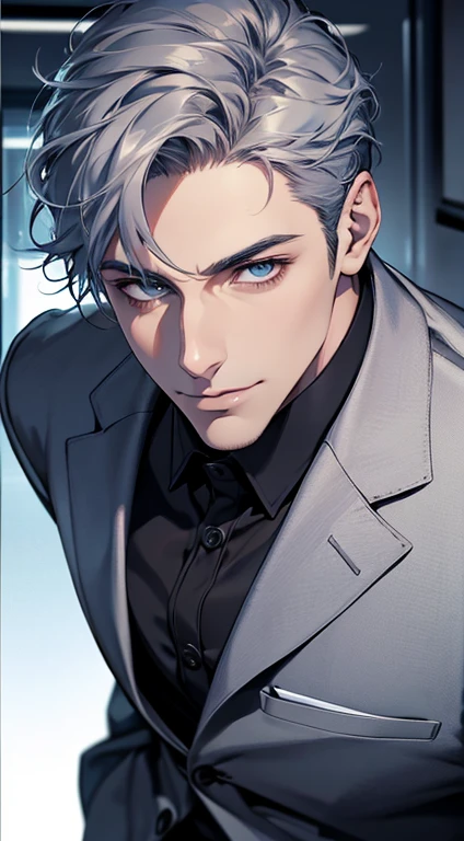 (best quality,4k,8k,highres,masterpiece:1.2),ultra-detailed,(realistic,photorealistic,photo-realistic:1.37),1 man,31 years old,mature man,very handsome,without expression,smile,short grey blue hair,blue eyes,penetrating gaze,perfect face without errors,imposing posture,businessman,office background,cinematic lighting,hdr image