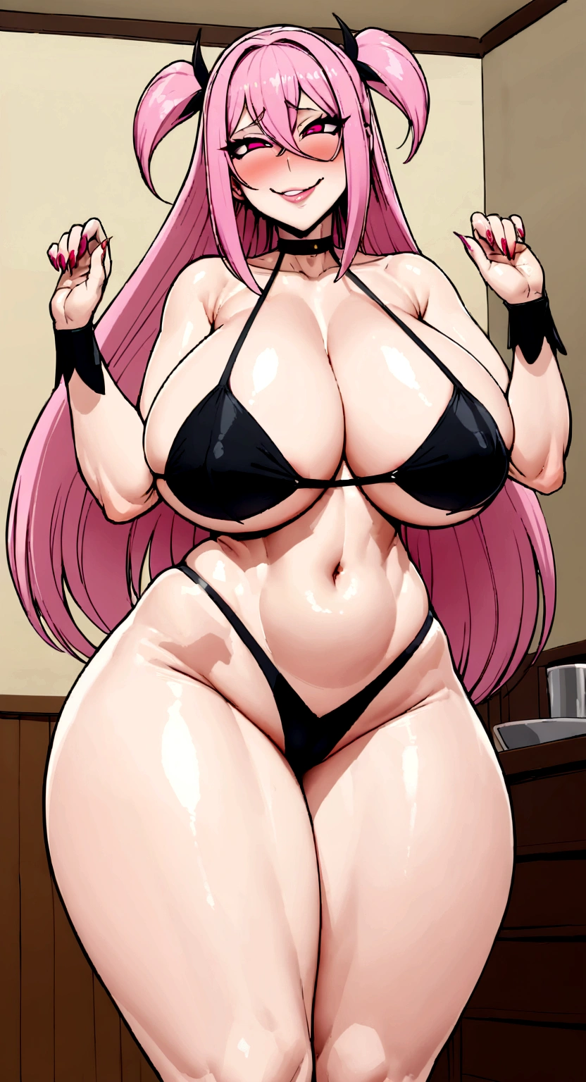 big lips, black and pink hair, pink eyes, japanese face, improve, improve grin, two sides up, huge breasts, Wide hips, sexy, detailed, room, Hits, (evil smile1.4), kawaii, mini skirt lewd, lewd, GOOD, mini lewd costume, mini lewd shirt, choker, mini lewd skirt, mini lewd shirt,navel piercing,ropa interior lewd,huge breasts,mano sosteniendo tetas, lunares
