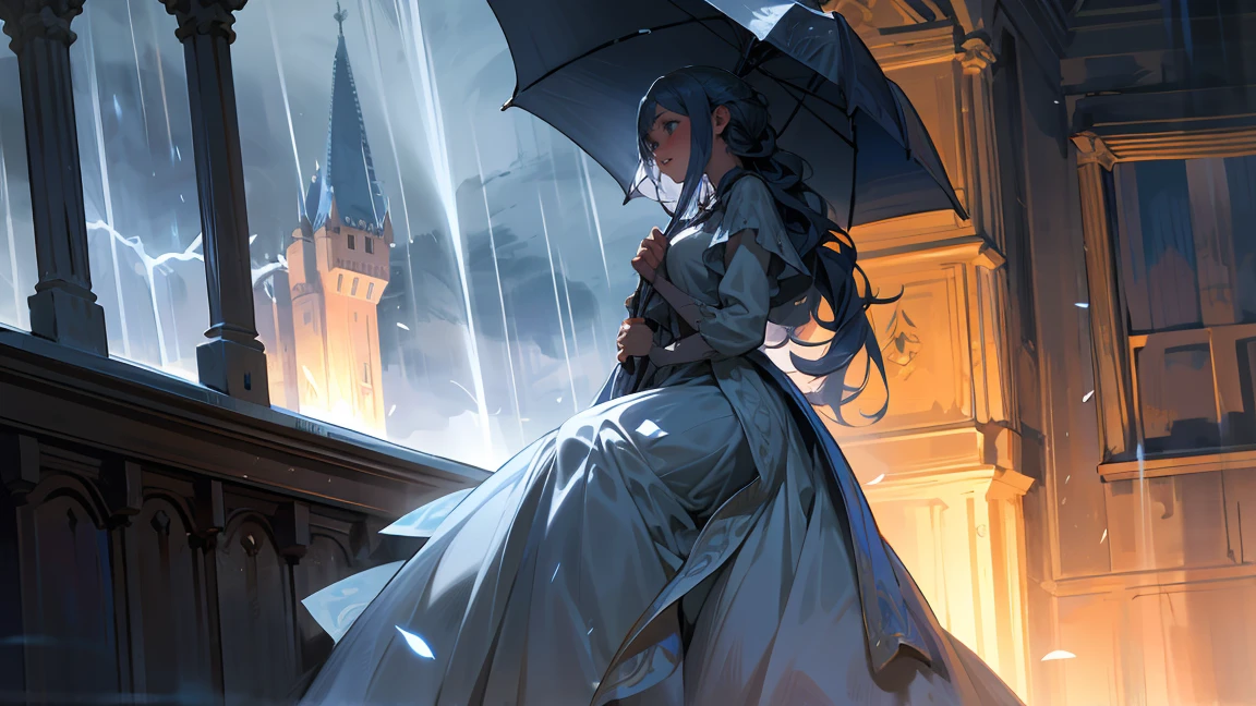 In a medieval European castle, a woman is depicted looking down out of an old stone window. She is wearing a long dress and her hair is loosely tied back. Outside the window, heavy rain is pouring down and lightning illuminates the sky. The sound of rain and thunder echoes through the castle, creating a somber and heavy atmosphere.