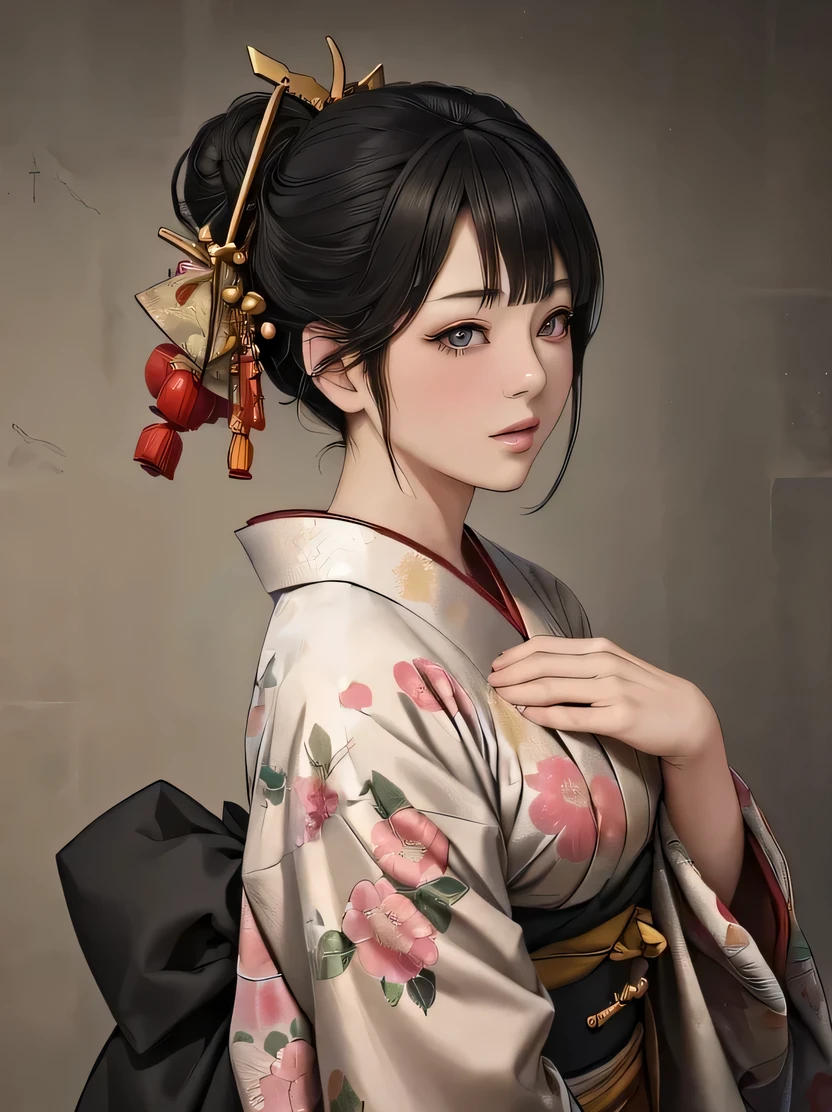 ((masterpiece、Highest quality、Very detailed、High resolution、Realistic、Sharp focus))、Mid Shot、Focus on the chest up、 One Girl、Oiran、Japan、short hair、((Beautiful dark eyes))、Black Hair、Blunt bangs、Updo、Chignon、hairpin、たくさんのhairpin、hair ornaments、Upper Body、kimono、kimono、Japanese paper background、Detailed depiction of the hand、View your viewers