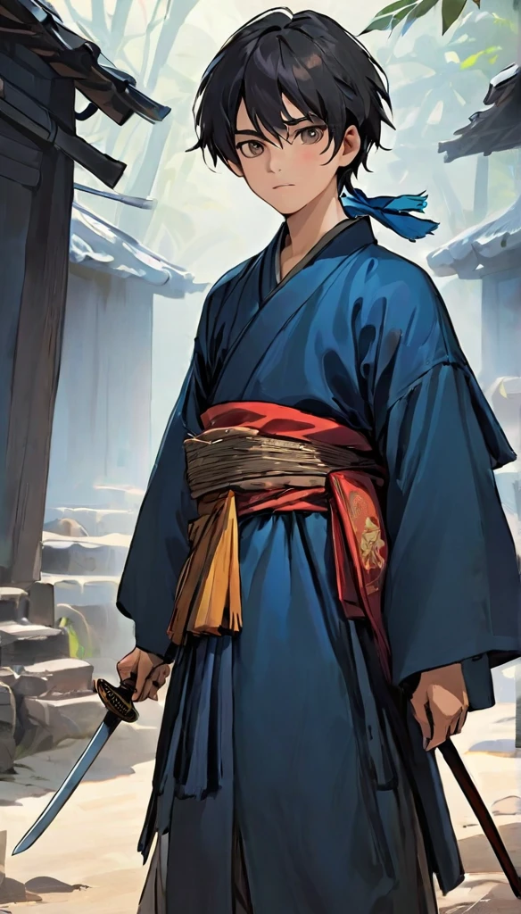Sure, here is the detailed description in English:
**Cantanga (The Traveler)**:
- **Eyes**: Smoky black
- **Hair**: Black
- **Clothing**: Traditional Hachiru attire, ancient style
- **Accessories**: Straw hat that obscures his face, katana (sword) with black smoke powers
- **Background**: A mysterious traveler protecting an ancient village
**Jarmim (The Young Man)**:
- **Eyes**: Dark blue
- **Hair**: Dark blue
- **Clothing**: Traditional Hachiru attire, ancient style
- **Accessories**: Regular katana (sword)
- **Background**: A 15-year-old boy from the ancient village, curious about the traveler and his village's history
Both characters wear traditional Hachiru clothing, reflecting their ancient village's customs.
