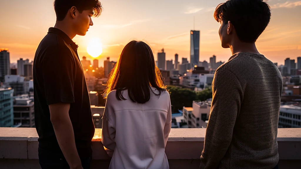 a couple from behind view of the city with a sunset