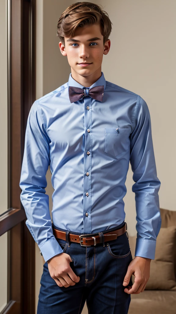 19 year old male wearing bow tie and lomg sleveed button up with belt and tucked in
4K HIGH REZ 

Physical Description: Brown colored hair and skinny build. 5"5 and 150 LB. Blue eyes. 

.