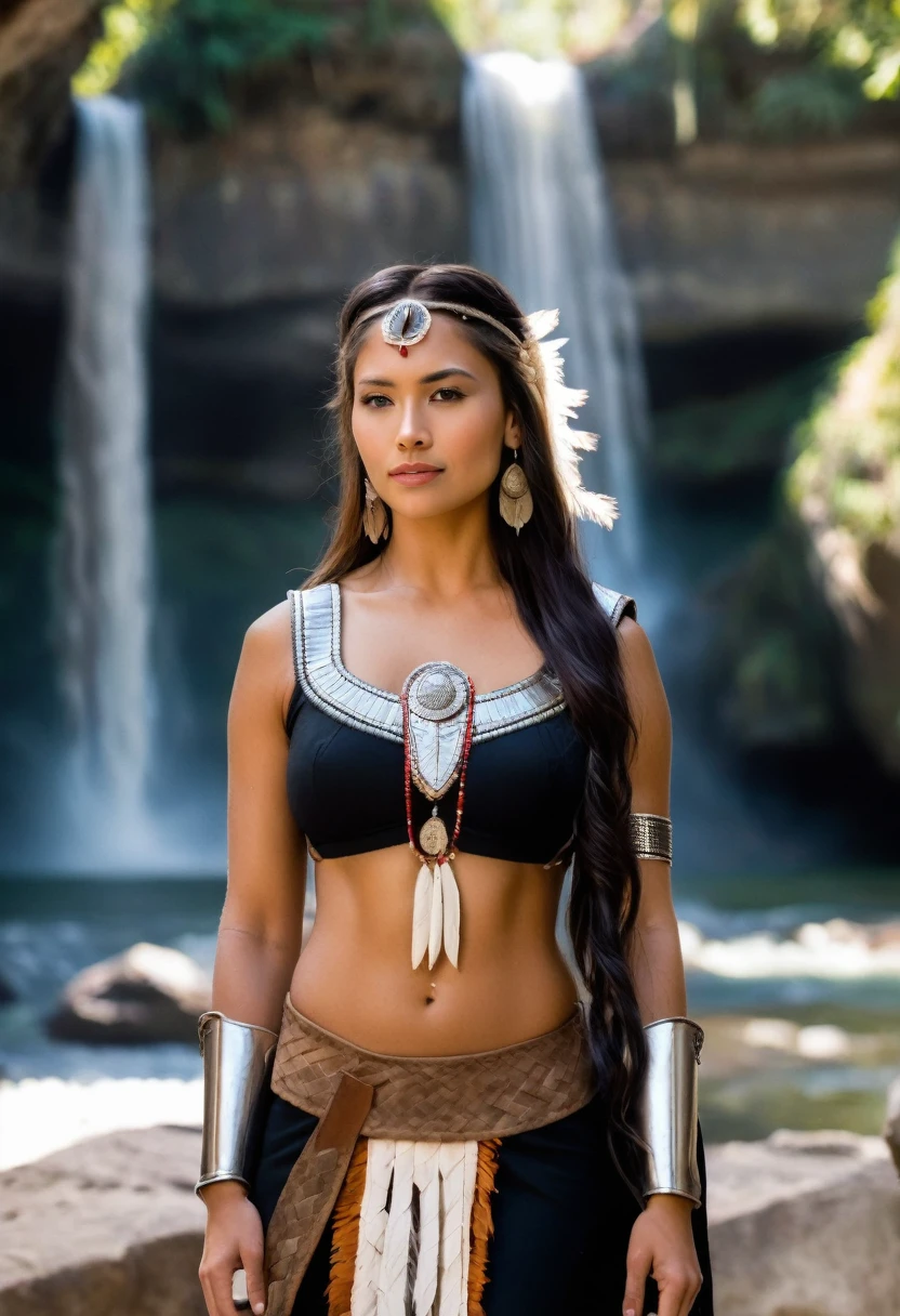 Araffe woman in native costume walking in front of a waterfall, Pocahontas, smile, retrato de un joven Pocahontas, retrato de Pocahontas, warrior dress, Warrior woman, Warrior Princess, amazon warrior, cave woman, dwayne johnson as wonder woman, Aztec warrior goddess, una hermosa Warrior woman, native american, tribal clothing, aztec princess portrait
