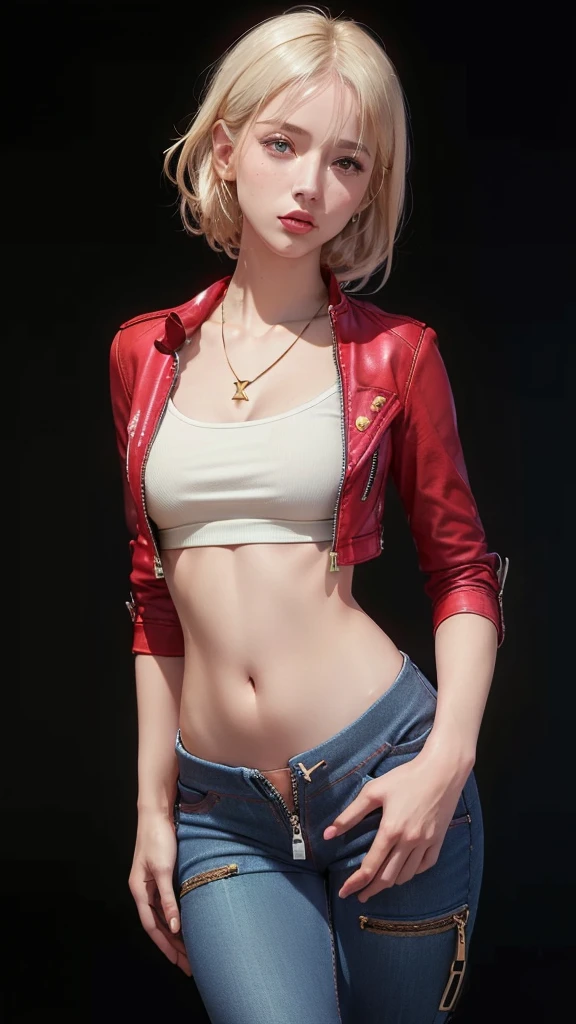 (Highest quality, 8K, High resolution, Realistic:2.0), (alone, One Girl:2.0),(Lighting:front),(Lighting: strong),(American Beauty:2.0),(Adult female:1.9),(The girl is very muscular:1.5),(Shiny skin:1.5),(Oily skin:1.5),(Platinum blonde hair color:1.5),(Flat Chest:1.5),(((Small breasts))),(The ultimate beautiful girl),(A very elegant and sophisticated woman),(Slutty girl fashion style wear),(((Super low rise pants:1.5))),((Leather jacket with zipper fully open)),(I can see my belly button),(The abdomen is visible),(Waist is visible),((Low-rise denim pants:1.5))),(((Pants that fit the hips:1.5))),(Low Waist Pants),Cheek brown makeup , Heavy eye makeup ,Pink lipstick,(Big Eyed Girl:1.3),(Amazing sex appeal),(Unzipping pants:1.6),(Open the bottom zipper:1.5),(Gold Necklace),(pull your pants down a little)
