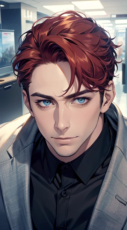 (best quality,4k,8k,highres,masterpiece:1.2),ultra-detailed,(realistic,photorealistic,photo-realistic:1.37),1 man,31 years old,mature man,very handsome,without expression,smile,short grey red hair,blue eyes,penetrating gaze,perfect face without errors,imposing posture,businessman,office background,cinematic lighting,hdr image