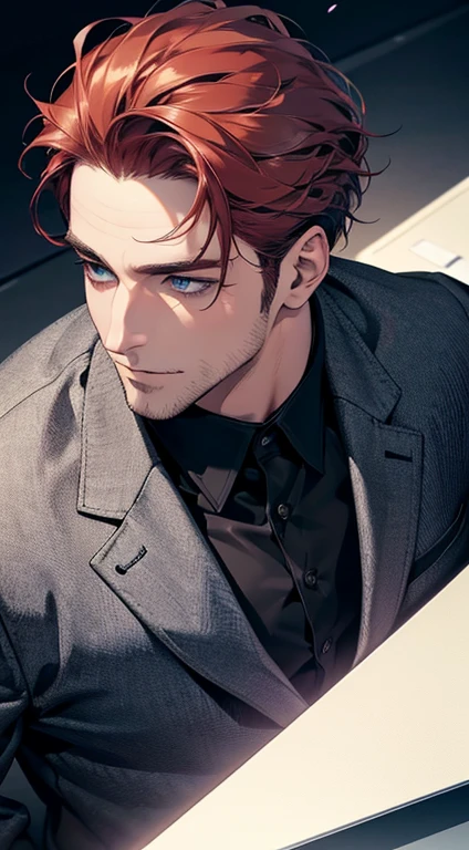 (best quality,4k,8k,highres,masterpiece:1.2),ultra-detailed,(realistic,photorealistic,photo-realistic:1.37),1 man,31 years old,mature man,very handsome,without expression,smile,short grey red hair,blue eyes,penetrating gaze,perfect face without errors,imposing posture,businessman,office background,cinematic lighting,hdr image
