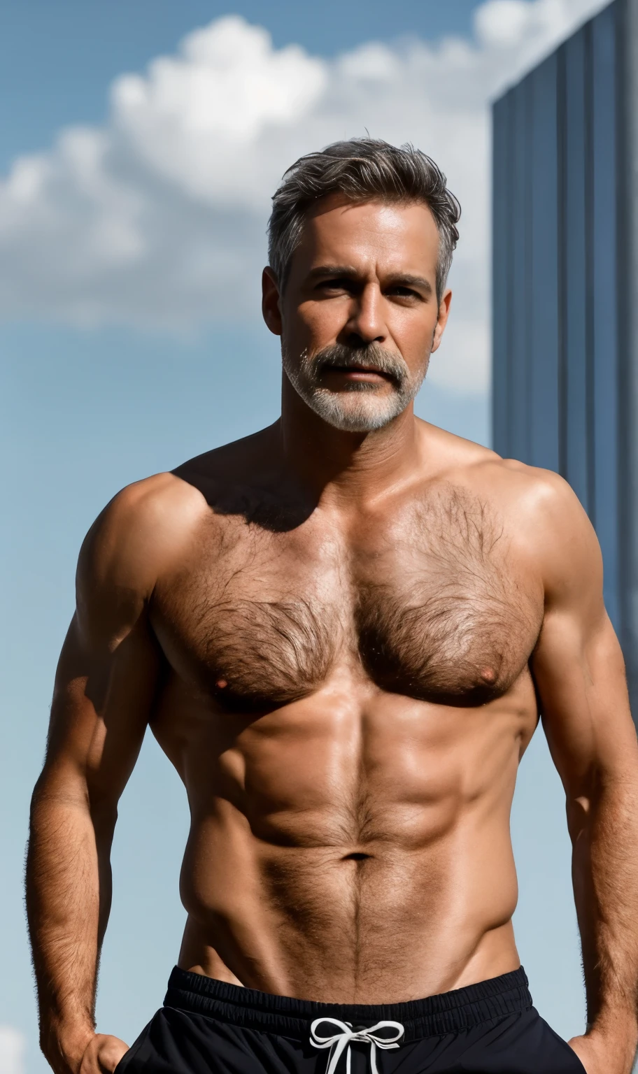 masterpiece, best quality, high resolution, closeup portrait, male focus, solo focus, A man, 45 years old, white grey hair, hairy armpits, thick moustache, in thong, grey silver hair, messy hairstyle, seductive face, sweaty, , old but attractive, bare chest, body hair, hairy armpits, facial hair, pale skin, sun freckles, roman nose, very skinny body, very hairy legs, male legs, attractive hairy legs, cute, white chest hair, very hairy chest, dimples, scruffy beard, very hairy armpits, bold jawline , sweaty, in the background a community pool on a cloudy day, view from below, amazing composition, front view, HDR, ultra quality, elegant, highly detailed