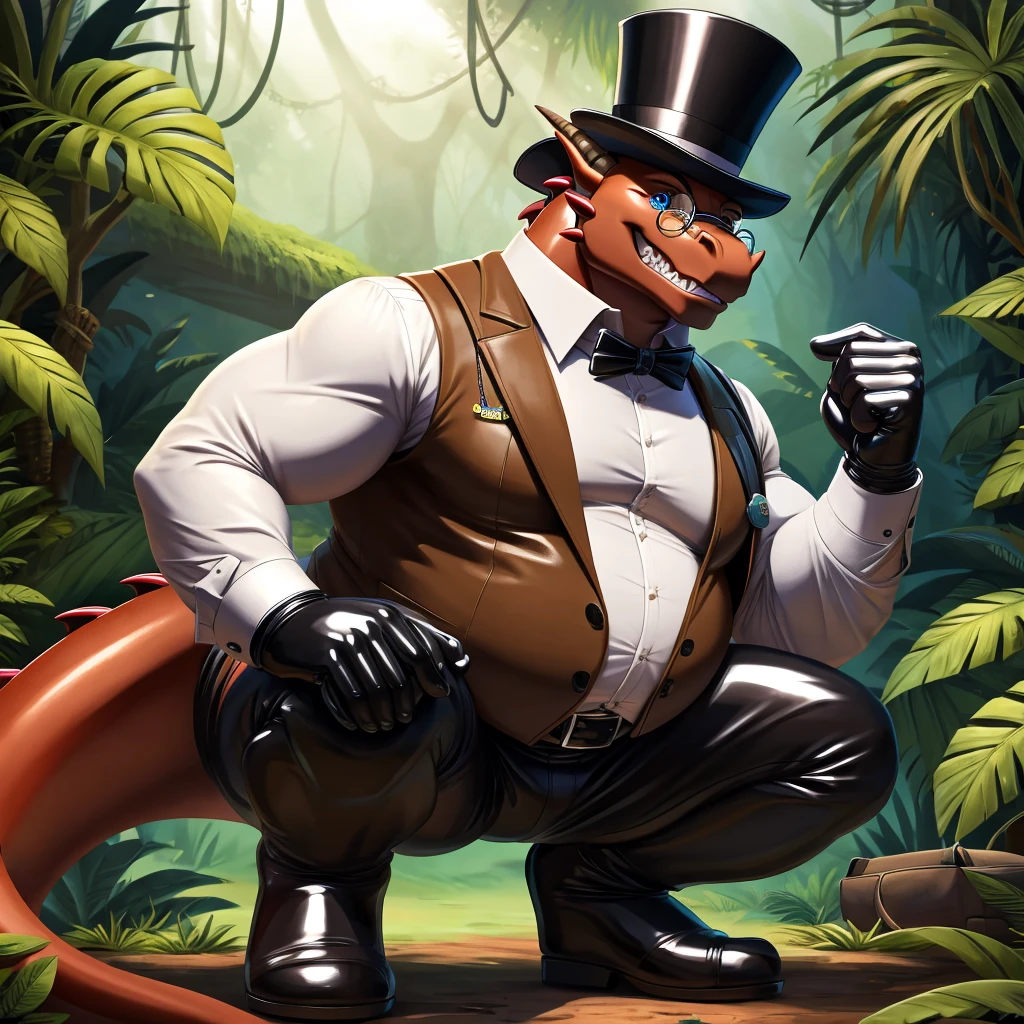 Solo, Male, fat, squatting, extremely obese, gentleman, dapper Professor Dragon, blue eyes, (soft shading), 4k, hi res, ((detailed face, detailed)), looking at viewer, evil grin, jungle, forest, collared shirt with buttons, top hat, male focus, Safari Outfit, glasses, monocle, bag, vest with buttons, backpack, sleeves rolled up, round eyewear, brown headwear, brown vest, Dragon is wearing a glossy leather dog collar around the neck, Dragon is wearing the leather collar and shirt and vest at the same time, Dragon is wearing glossy white rubber gloves on the hands, wearing white rubber gloves on the feet, Dragon is wearing glossy white cuffs around the wrists with cufflinks, gloves are rubber in texture, clenching teeth, clenching fists, leather collar is glossy and shiny with a lot of detail, Dragon is wearing gloves and cuffs and cufflinks at the same time, leather collar has a round dog-tag, leather collar is thick and detailed.