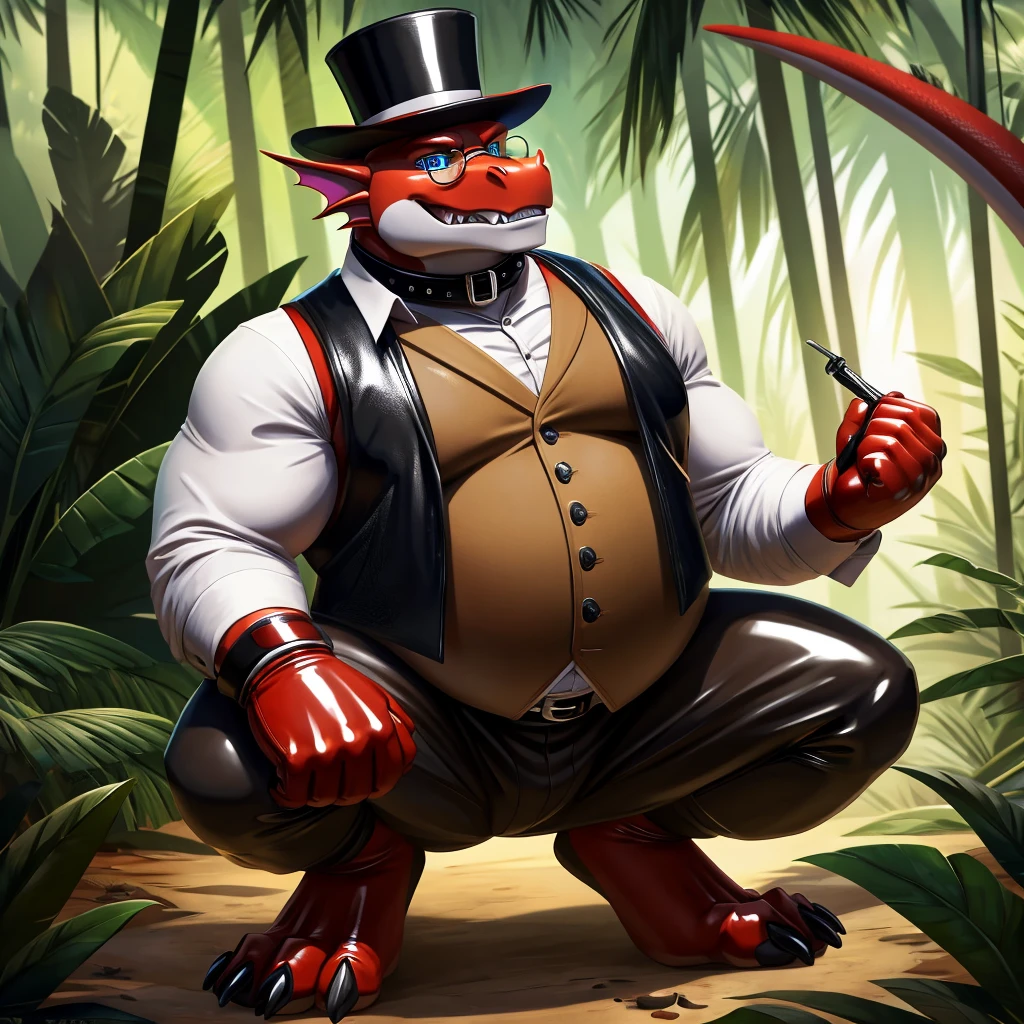 Solo, Male, fat, squatting, extremely obese, gentleman, dapper Professor Dragon, blue eyes, (soft shading), 4k, hi res, ((detailed face, detailed)), looking at viewer, evil grin, jungle, forest, collared shirt with buttons, top hat, male focus, Safari Outfit, glasses, monocle, bag, vest with buttons, backpack, sleeves rolled up, round eyewear, brown headwear, brown vest, Dragon is wearing a glossy leather dog collar around the neck, Dragon is wearing the leather collar and shirt and vest at the same time, Dragon is wearing glossy white rubber gloves on the hands, wearing white rubber gloves on the feet, Dragon is wearing glossy white cuffs around the wrists with cufflinks, gloves are rubber in texture, clenching teeth, clenching fists, leather collar is glossy and shiny with a lot of detail, Dragon is wearing gloves and cuffs and cufflinks at the same time, leather collar has a round dog-tag, leather collar is thick and detailed.