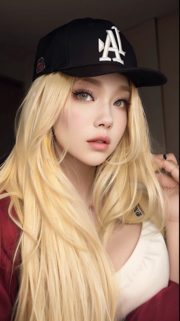 a Close up of a woman with long blonde hair wearing a baseball cap, Cl, parque roseanne de blackpink, ava max, light yellow hair, extremely light blonde hair, with white long hair, A girl with blonde hair, with long blonde hair, long YELLOW hair, medium yellow blonde hair, with long white hair, Asian with long hair, very light blonde hair