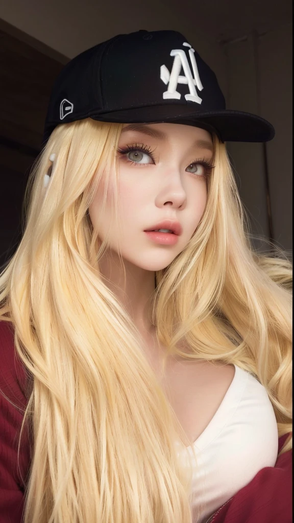 a Close up of a woman with long blonde hair wearing a baseball cap, Cl, parque roseanne de blackpink, ava max, light yellow hair, extremely light blonde hair, with white long hair, A girl with blonde hair, with long blonde hair, long YELLOW hair, medium yellow blonde hair, with long white hair, Asian with long hair, very light blonde hair