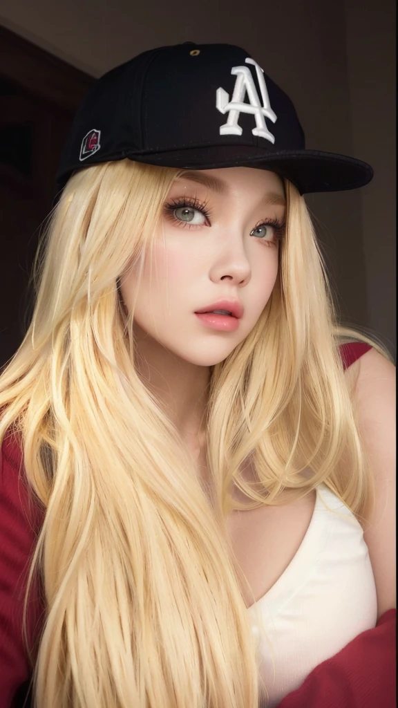 a Close up of a woman with long blonde hair wearing a baseball cap, Cl, parque roseanne de blackpink, ava max, light yellow hair, extremely light blonde hair, with white long hair, A girl with blonde hair, with long blonde hair, long YELLOW hair, medium yellow blonde hair, with long white hair, Asian with long hair, very light blonde hair