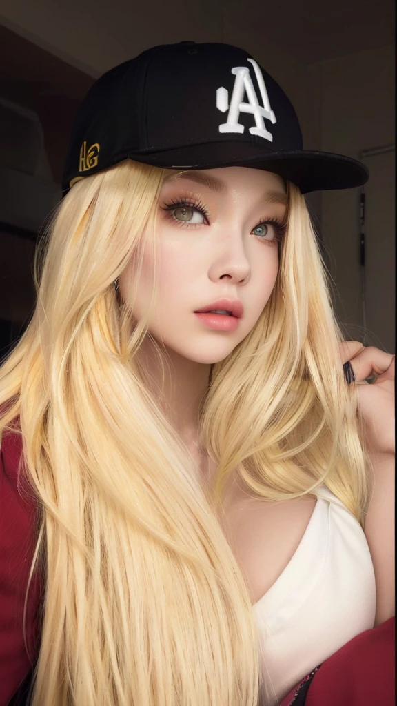 a Close up of a woman with long blonde hair wearing a baseball cap, Cl, parque roseanne de blackpink, ava max, light yellow hair, extremely light blonde hair, with white long hair, A girl with blonde hair, with long blonde hair, long YELLOW hair, medium yellow blonde hair, with long white hair,  Asian with long hair, very light blonde hair