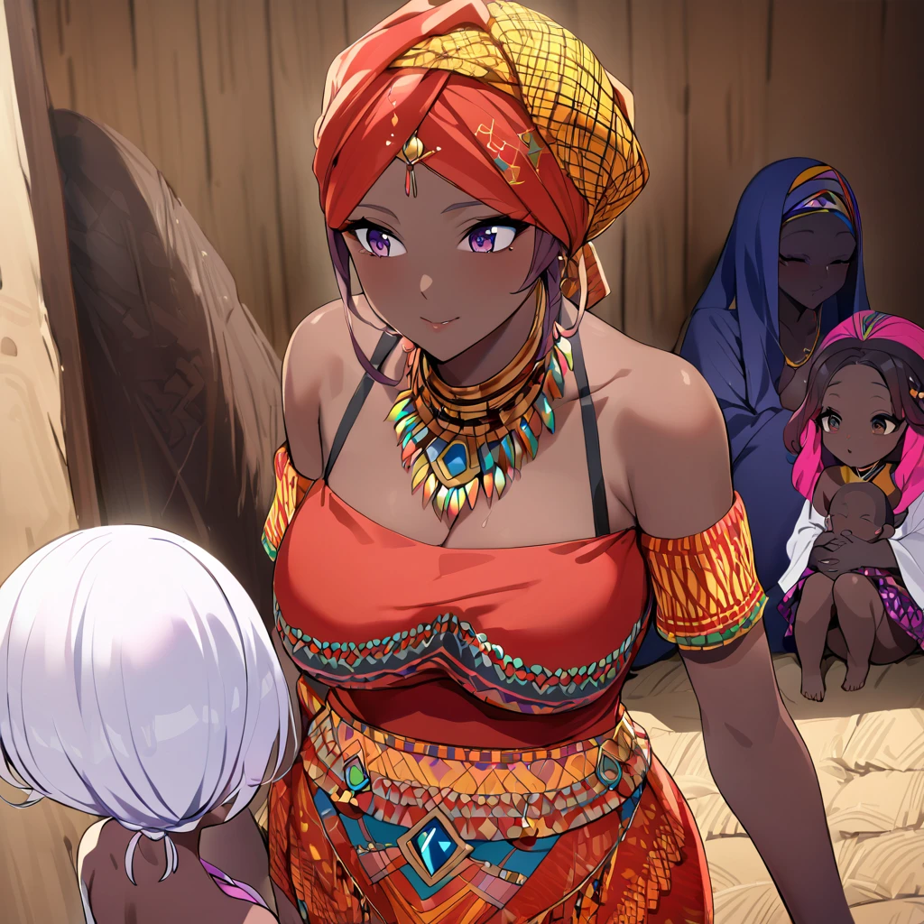 ((Highest quality)), ((masterpiece)), (detailed), （Perfect Face）、The woman is Momo Belia Deviluke, a Ghanaian by birth, with a vibrant dark skin, black by birth, and is wearing a vibrant Ghanaian dress, a vibrant turban head scarf, gorgeous jeweled accessories, and an engagement ring.、The woman was the elegant Momo Belia Deviluke, with pink afro short bob hair tied up in Ghana braids, wearing a colorful Ghanaian dress and a colorful turban head scarf, with vibrant dark brown skin, a natural-born black and Ghanaian, Momo Belia Deviluke.、（The woman is a black Ghanaian with vivid dark brown skin.）、The woman is chatting with other village girls while babysitting in a village in Ghana.、The women are pregnant、The women are holding their baby daughters