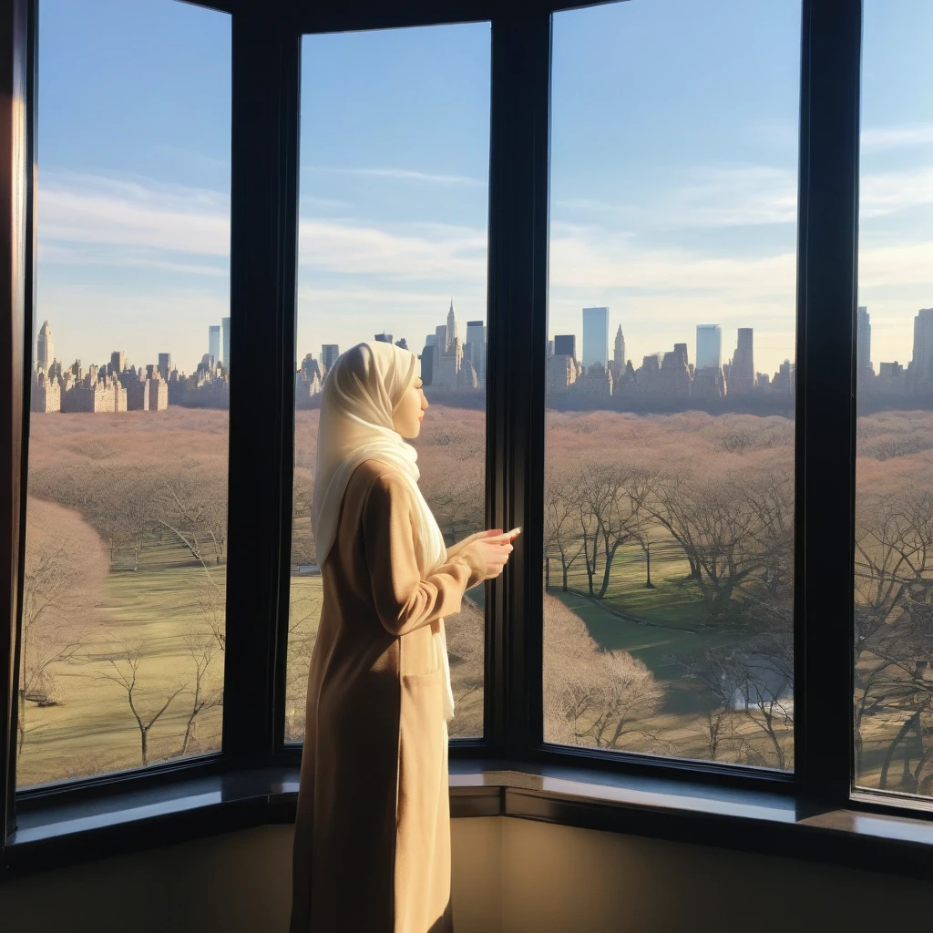 Clean girl aesthetic, asian, hijab, penthouse windows, new york central park, morning sun, long shadows, iphone max 15