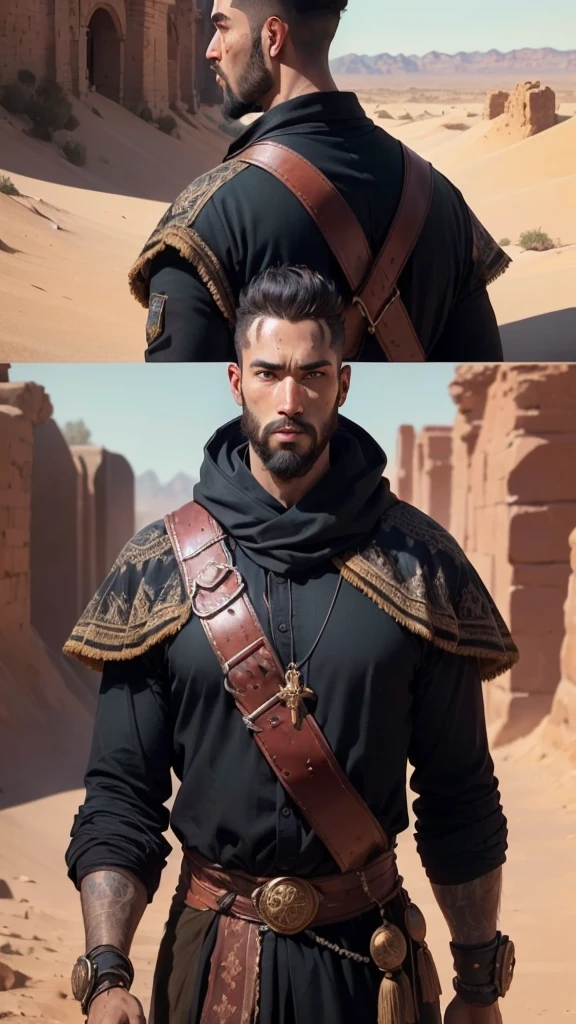((best quality)), ((masterpiece)), (detailed), Prize-winning works, ugly, dirt, pimples, big beard, scars, wounds, with incredible details, maximum textures and details, mantea ,1 An adventurous monk black man in dark clothes and heavy fabrics ,(30 year old murderer:1.1,detailedeyes, face detailed, whole body:1.1,the background is a desert ),(best qualityer:1.2,ultra detali:1.1,realisitic:1.37),stone medieval ancient city ,eyeshadows,hidden identity,sharp focus,swirly vibrant colors,moonlights), (twilight), (natta), 8K