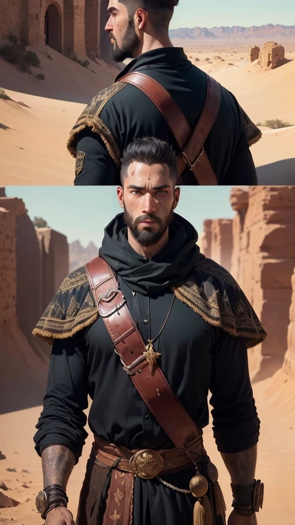 ((best quality)), ((masterpiece)), (detailed), Prize-winning works, ugly, dirt, pimples, big beard, scars, wounds, with incredible details, maximum textures and details, mantea ,1 An adventurous monk black man in dark clothes and heavy fabrics ,(30 year old murderer:1.1,detailedeyes, face detailed, whole body:1.1,the background is a desert ),(best qualityer:1.2,ultra detali:1.1,realisitic:1.37),stone medieval ancient city ,eyeshadows,hidden identity,sharp focus,swirly vibrant colors,moonlights), (twilight), (natta), 8K