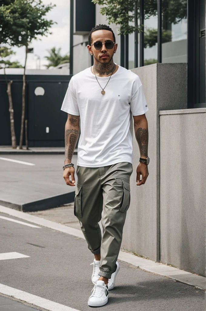 Imagine a modern and stylish outfit inspired by Lewis Hamilton 2023. You are wearing an Oversized gray round neck short sleeve t-shirt, providing a minimalist and sophisticated touch. The t-shirt combines perfectly with long loose khaki cargo pants that add a casual but stylized air to the look. On your feet, you wear white Air Force One sneakers, which complete the outfit with a touch of freshness and comfort.