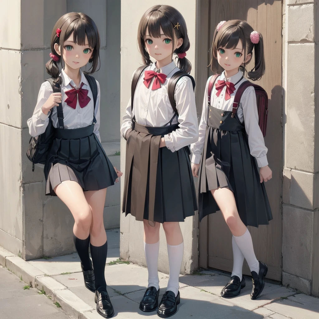 1girl,best quality,ultra-detailed,high resolution,(photorealistic, realistic, photo-realistic:1.2),(9 yo,flat chest),bangs,(smile:0.3),,shigure ui (vtuber),aged down,,backpack,bag,bangs,black dress,black footwear,blush,pom pom hair ornament,collared shirt,green eyes,kneehighs,light brown hair,loafers,long sleeves,pinafore dress,pleated dress,randoseru,red bow,,sleeveless dress,twintails,white legwear,white shirt,anime