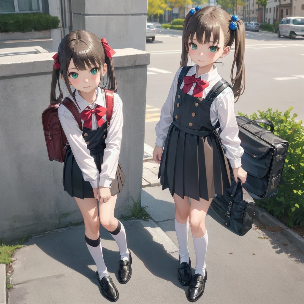 1girl,best quality,ultra-detailed,high resolution,(photorealistic, realistic, photo-realistic:1.2),(9 yo,flat chest),bangs,(smile:0.3),,shigure ui (vtuber),aged down,,backpack,bag,bangs,black dress,black footwear,blush,pom pom hair ornament,collared shirt,green eyes,kneehighs,light brown hair,loafers,long sleeves,pinafore dress,pleated dress,randoseru,red bow,,sleeveless dress,twintails,white legwear,white shirt,anime