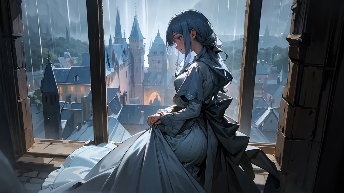 In a medieval European castle, a woman is depicted looking down out of an old stone window. She is wearing a long dress and her hair is loosely tied back. Outside the window, heavy rain is pouring down and lightning illuminates the sky. The sound of rain and thunder echoes through the castle, creating a somber and heavy atmosphere.