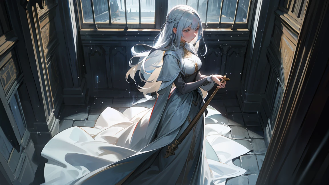 In a medieval European castle, a woman is depicted looking down out of an old stone window. She is wearing a long dress and her hair is loosely tied back. Outside the window, heavy rain is pouring down and lightning illuminates the sky. The sound of rain and thunder echoes through the castle, creating a somber and heavy atmosphere.