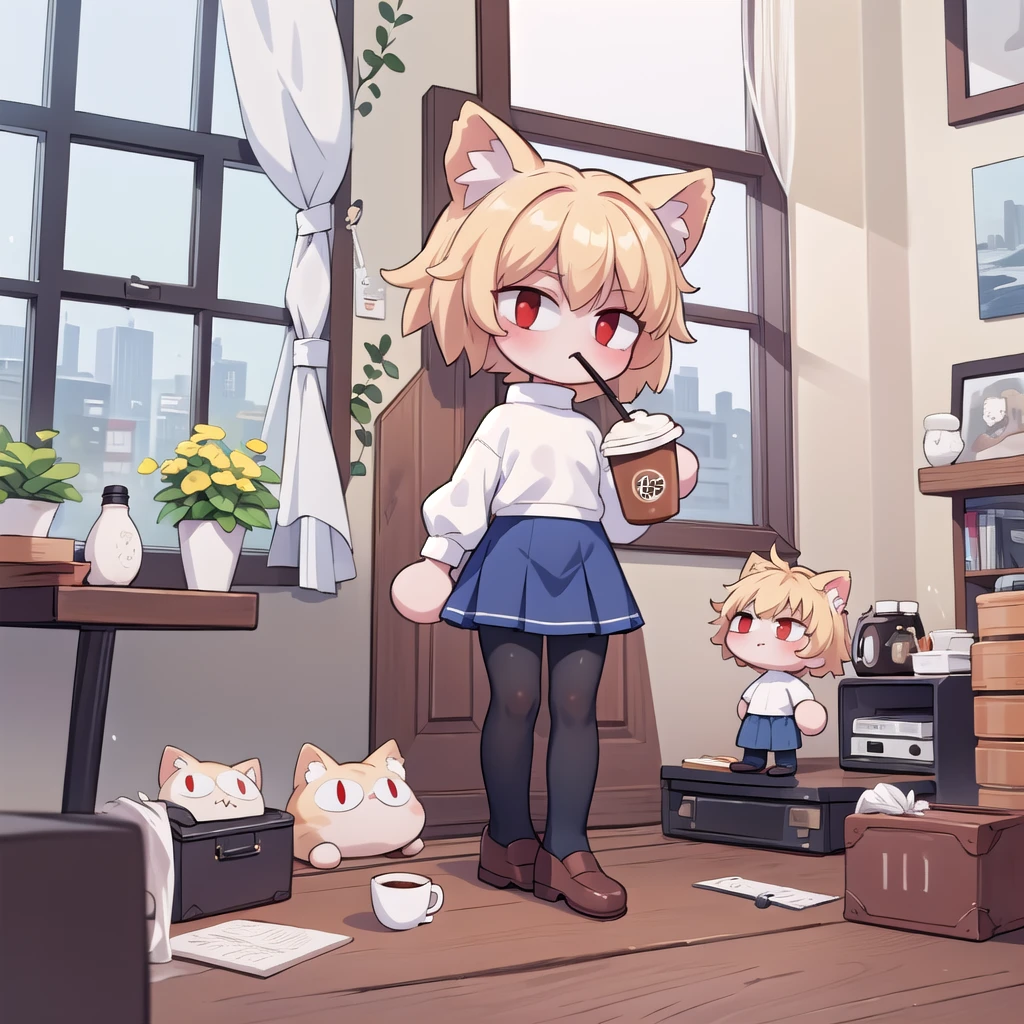(masterpiece, best quality:1.2), necoarc, slit pupils, cat ears, blonde hair, red eyes, chibi, 1boy, solo, white turtleneck, blue skirt, pleated skirt, brown footwear, pantyhose, near a window, inside a room, highlight thighs, landscape, drinking coffee