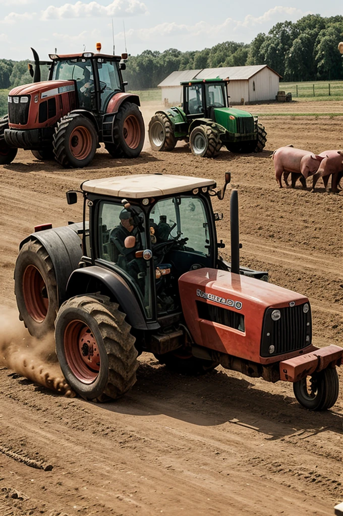 Pig with glasses driving tractor