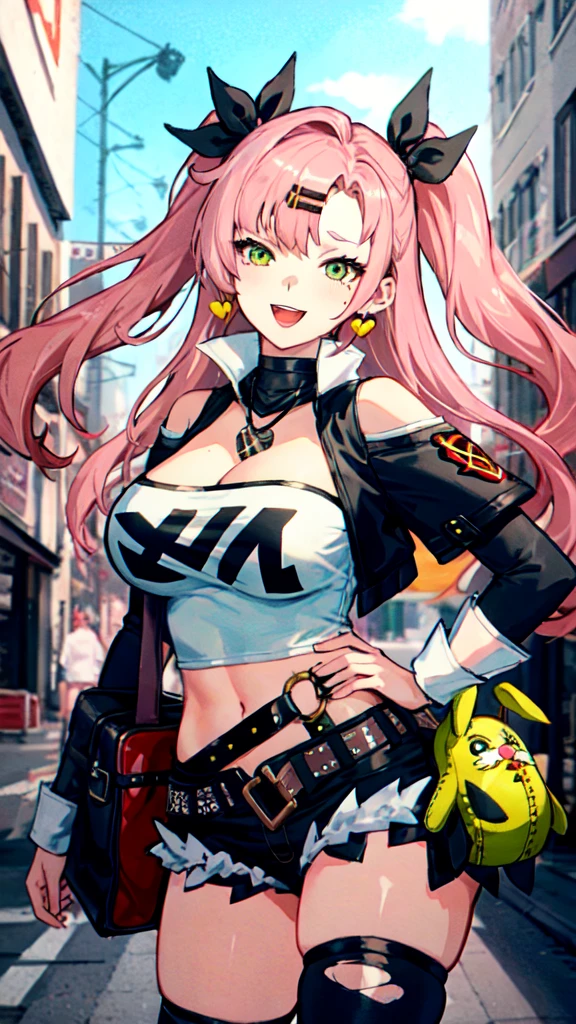 1girl in, Nicole Demara, Tube Top, single thighhigh, Short shorts, Cropped jacket, Hair Ribbon, hair clips, earrings, Belt bag, Detached sleeves, doll, Black collar, Cowboy Shot, Standing, smug, Open mouth, Looking at Viewer, put hands on the hip, Outdoors, Street, masutepiece