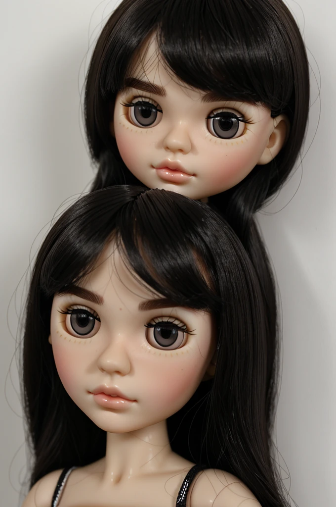 Blythe dolls black hair skin white but not pale skin, with two moles on the left cheek shaped eyebrows and dark brown eyes