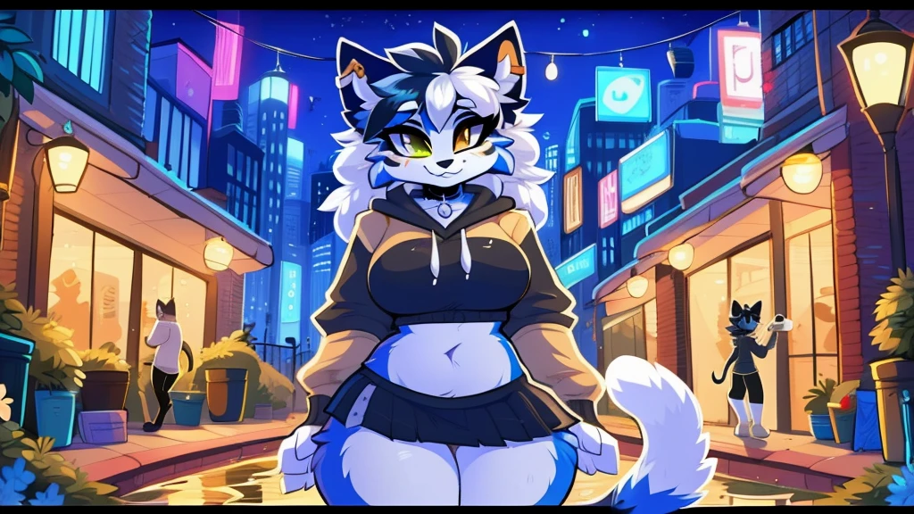 by Kilinah, de Coffeesoda, by hioshiru, by Kilinah, uploaded e621, appealing and detailed portrait of a woman (((female))) anthro cat boy, Zenemic Lighting, seducer, bl, cat boy, thick-thighs, large breasted, all-body, appealing, Messy hair, chestnut hair, eye white, thick, standing alone, standing, long hair, 2 tone hair ((orange | black)), cat boy ears,  hiten, hiten, thick-thighs, Calico cat boy, heterochromia ((putridity | blue)), moletom black, black skirt, dark alley, he finished, detailed sweatshirt, huge boobies, thick-thighs, dog collar, huge  ass, Small panties, tight bra, full of semen,  exposed 