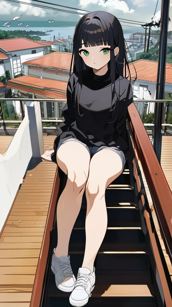 masterpiece, Exquisite detail,Highest quality, One girl, alone, handrail, cloud, Looking up at the buildings,Long Hair, zero, Long sleeve, sneakers, Power lines, White footwear, Black Hair, View your viewers, Electric pole, bangs, cloudy zero, fish, bird, Green Eyes, Shorts, Day, Black Shirt, barefoot,Whale flying in the sky