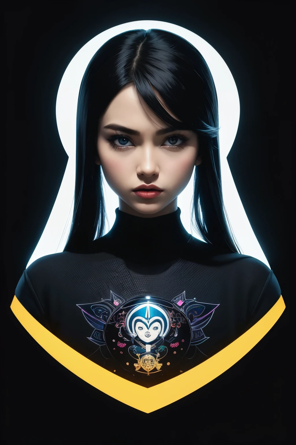 t-shirt art, 2D, ((black background: 1, 5)), vector, vivid colors, futuristic clothing character, masterpiece, best quality, intricate details, perfect symmetrical face, realistic details, cartoon theme, border light , moonlight , super mario style cinematic shading