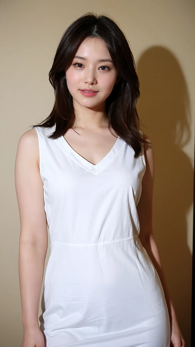 ((Highest quality、8K、masterpiece:1.3))、Realistic, Sharp focus, High resolution, High resolution,Portraiture, One person、Japanese、woman, beautiful woman, (((V-neck sleeveless casual dress)))、30 years old, Attractive person, Medium Long Hair,smile