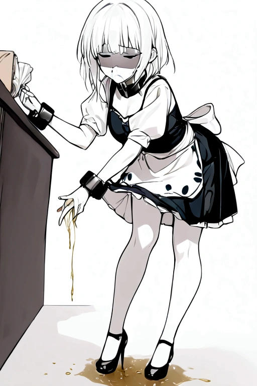 Anime, girl, cute girl, slave, maid, maid uniform, shoes, slave collar, shackles, cold, runny nose, nasal mucus, snot, snot from the nose, handkerchief, you need to sneeze, sneeze yourself, sneeze snot from your nose, desperately want sneeze, cover your nose with your right hand, urinary incontinence, peed, need to pee, pee yourself, pee, pee yourself, cry, really desperately want to pee, scat, diarrhea, crap yourself, need to poop, need to poop, poop in your panties, poop yourself, poop, sneeze, pee and pee yourself: 1.3), desire to sneeze, desire to pee, desire to poop tightly covering the perineum, knees together, feet apart: 1.6), (hand between legs, leaning forward: 1.3), (shaded face, despair, anxiety, sigh, full face flush, embarrassment, looking away: 1.5), (girl can't stand up straight: 1.5), full body, (ultra detailed face, best quality: 1.5), ( from the side), standing, living room, full height. Pee on the floor and pooped on the floor