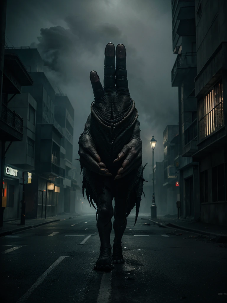 a giant hand monster with large teeth in the middle of its palm, walking on an abandoned street filled with fog, highly detailed, photorealistic, intricate details, dark and gloomy atmosphere, cinematic lighting, horror style, moody color palette, dramatic composition