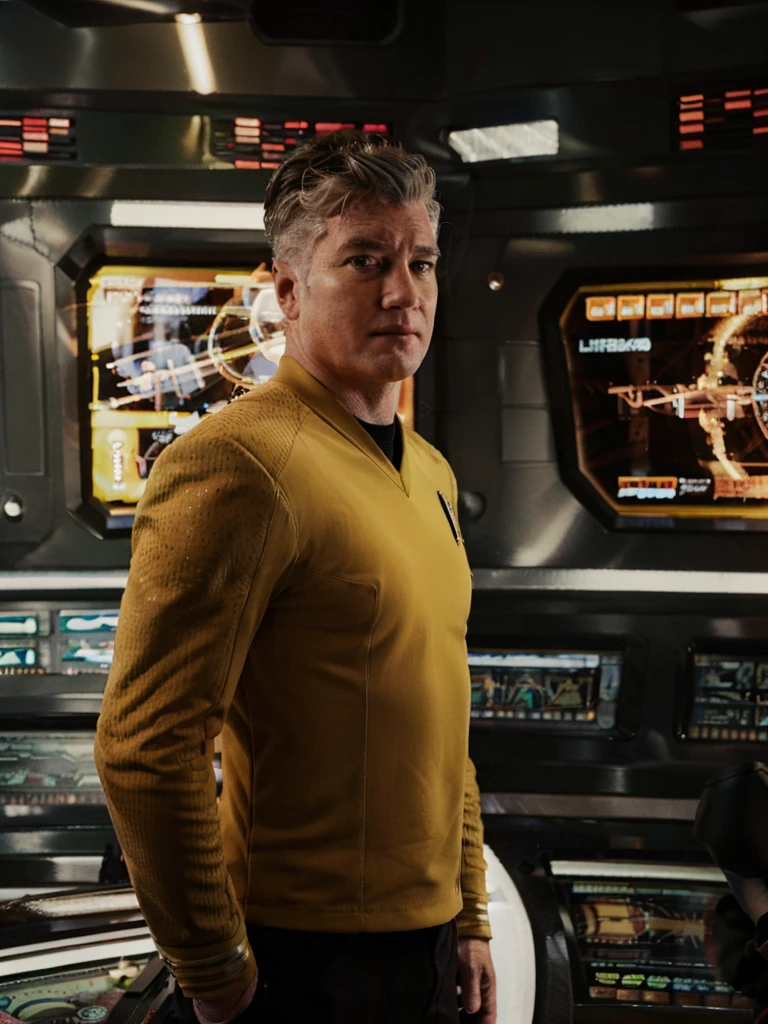 David Lynch in yellow stsnwunf uniform,on starship bridge,