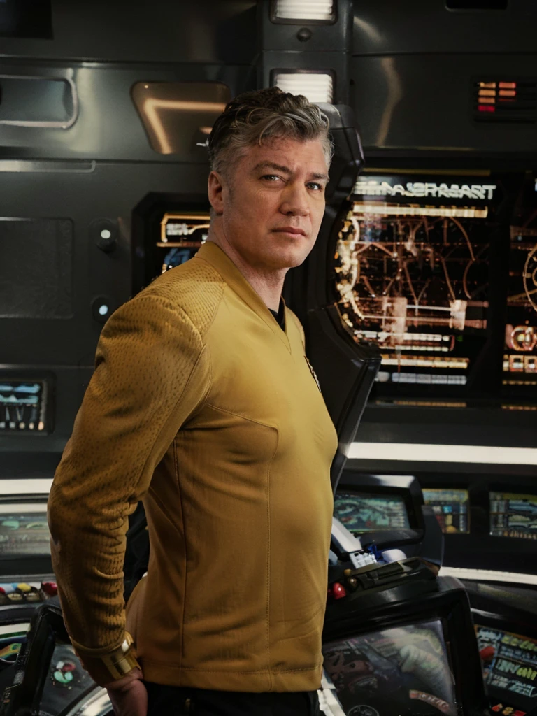 David Lynch in yellow stsnwunf uniform,on starship bridge,