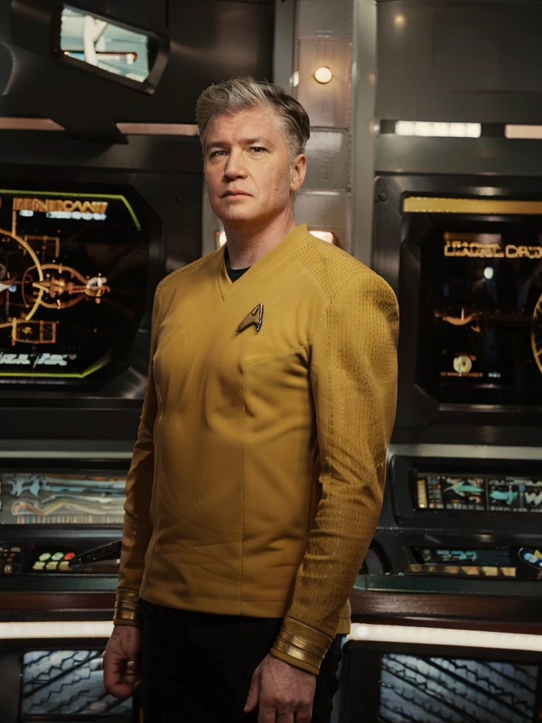 David Lynch in yellow stsnwunf uniform,on starship bridge,