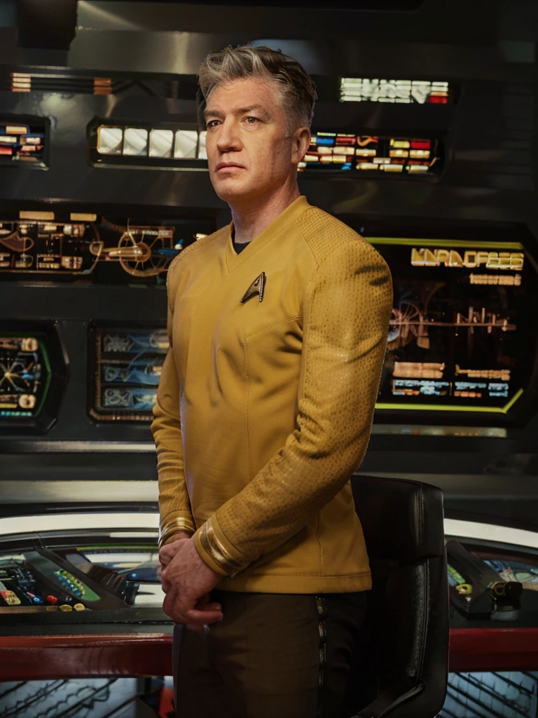 David Lynch in yellow stsnwunf uniform,on starship bridge,