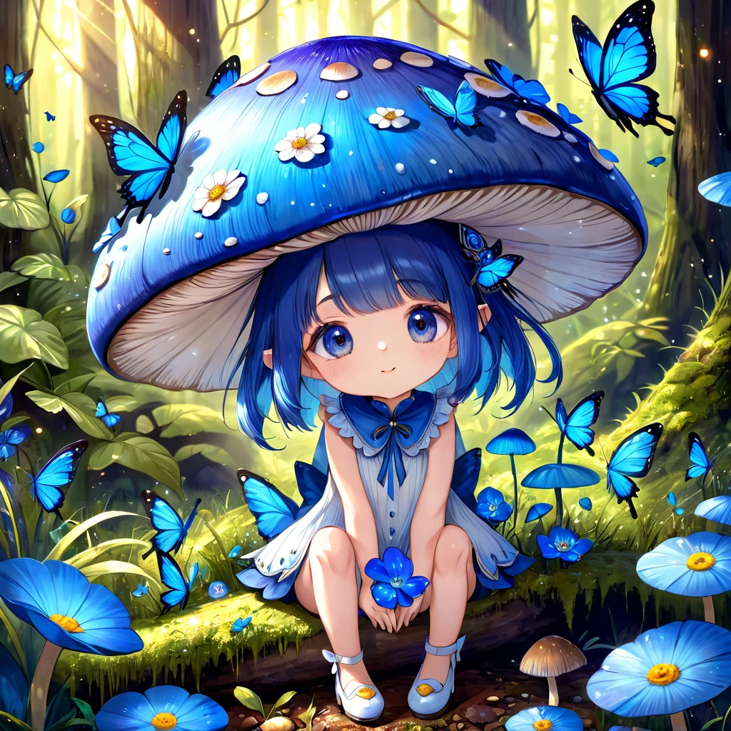 absurdres, highres, ultra detailed, HDR, master piece, best quality, extremely detailed, cute blue mushroom with face, cute, small, solo, magical, fantasy, magic, blue forest, glittering, blue butterflies, blue petals, blue flowers