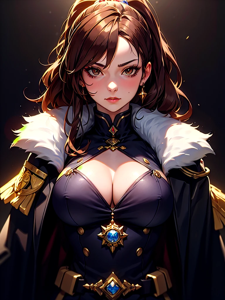 ((Portrait)), She has a Very Busty Appearance, with Light Brown Hair, a Mysterious Charm, Fair Skin and a Muscular Build. She Expresses a Regal and Proud Look, Giving Off an Authoritarian Attitude, Hiding Her True Intentions. She has Brown Eyes, Her Hair is Long and Neat, Styled in a High Ponytail, with Wavy Strands Falling Over Her Chest. She Wears a Large, Dark Winter Police Coat, Decorated with Awards and Honor Medals. ((Portrait, HDR, Dark Background))