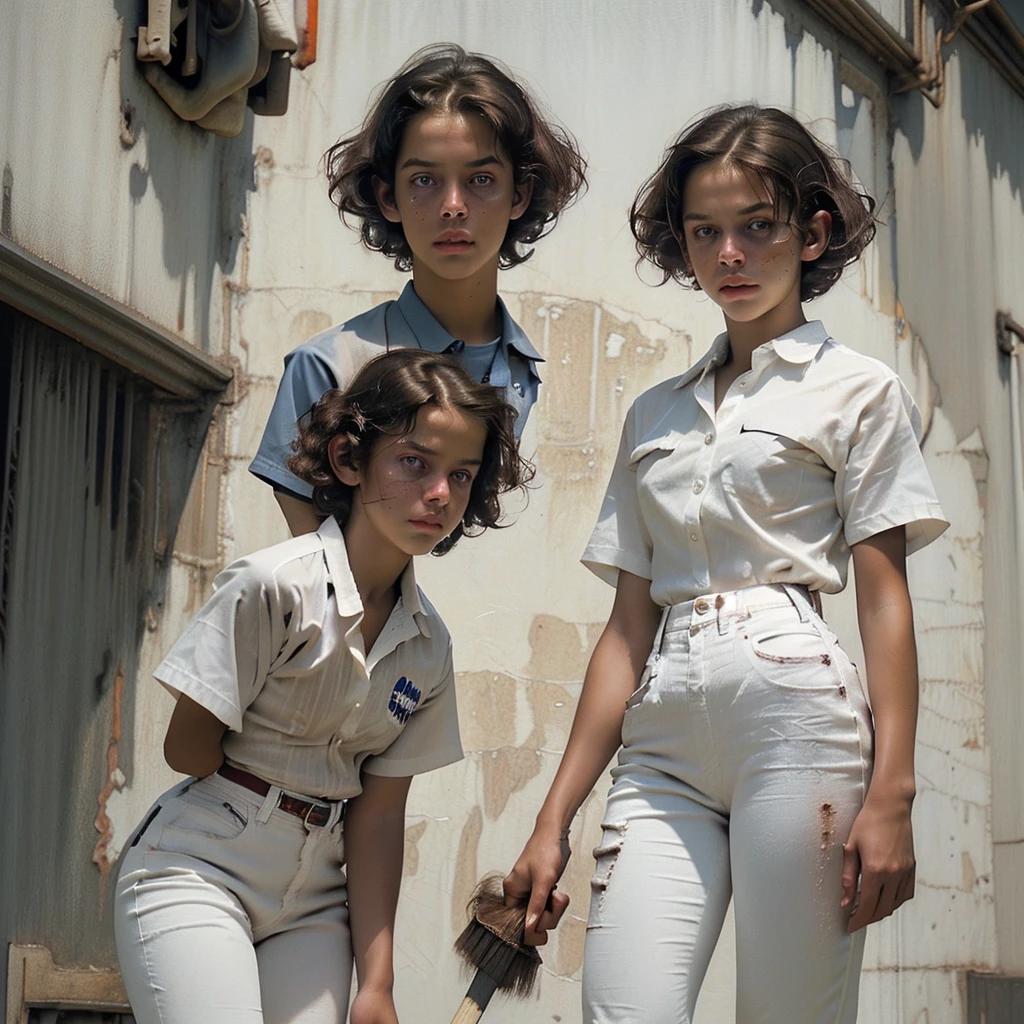1 girl with curly hair of medium size, brown hair color, honey eye color with 2 moles on the right side of her face and white skin color, wearing a uniform with a white shirt, dark blue pants with a white line on the pants, clothes with blood holding an ax in his hand, 1 with medium straight hair, brown color, dark brown eyes and white skin color, uniform with a white shirt with dark blue pants with a line on the pants with blood on the clothes holding a broom, 1 other girl with short brown hair, brown eyes and white skin color, uniform, white shirt with dark blue pants with a white line and blood, holding a broom, 1 boy with short brown hair and dark brown eyes wearing a white shirt with dark blue pants full of blood holding a baseball bat and his skin color is brown, all of them with a somewhat sad face, all of them with their entire body facing forward, looking at the camera, the scene behind them was a school in front with some zombies, the lighting is a little dark but you can see everything, the four of them together in the same place 