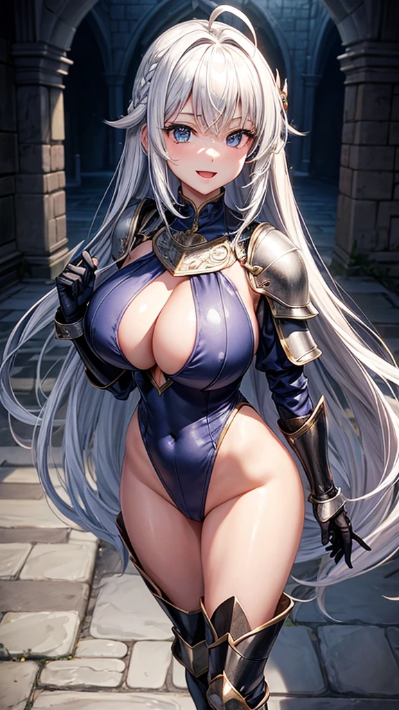 Woman knight、a beauty girl、huge tit、Excellent style、Nice Buddy、glamorous、leotard、s Armor、Bra chest armor、knee boots、gauntlets、hair adornments、silber hair、Longhaire、Ahoge、a medieval castle、is standing、full body seen、Outside the castle、natta、a smile、slightly open mouth