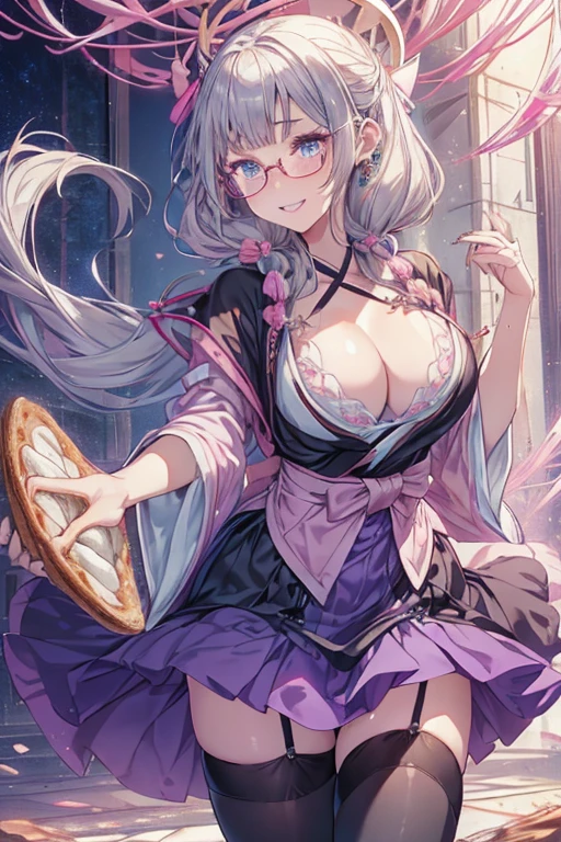 (1girl:1.3), (perky chest:1.2), ((long purply_Blue dress :1.5, wearing long flaired skirt:1.3, the skirt is blowing:1.3, cute pink Apron, black stocking:1.2,garter stocking, cleavage:1.2, midriff, black shorts, black thighhighs, thigh strap, (pointed chest:1.2),Masterpiece, Best quality, amazing beauty, [[3D]], 4K, absurdres, finely detail, super detailed eye, perfect anatomy, official art, cinematic lighting, BREAK, Island, silky long hair, long braid, white hair, super shiny detailed blue eyes, big eyes, cute eyes, thick eyebrow, Gazing Upward, open-mouth, full lips, straight teeth, rouge, False eyelashes, pink lips, silver round cell frame glasses, piercing, excited face, BREAK , big breasts, tall, medium, gloss skin, nibble at bread, from front, BREAK ,kimono, BREAK,